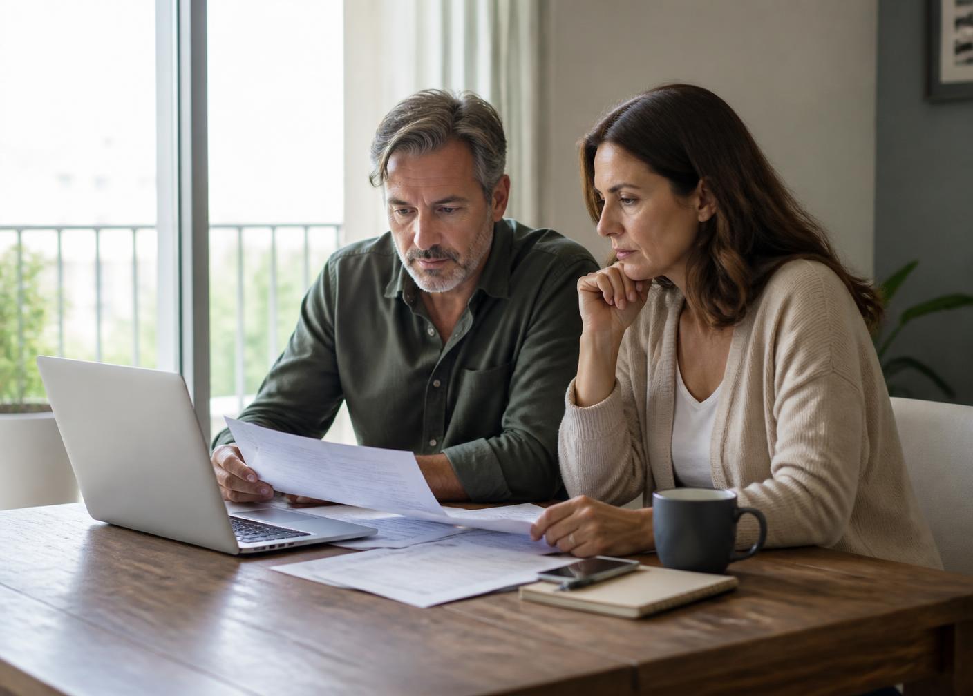 Dos propietarios revisando la documentación de su vivienda con calma